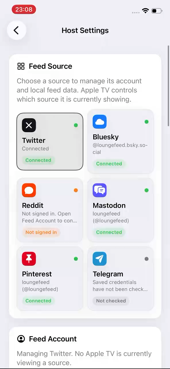 LoungeFeed iPhone Host showing its source account controls