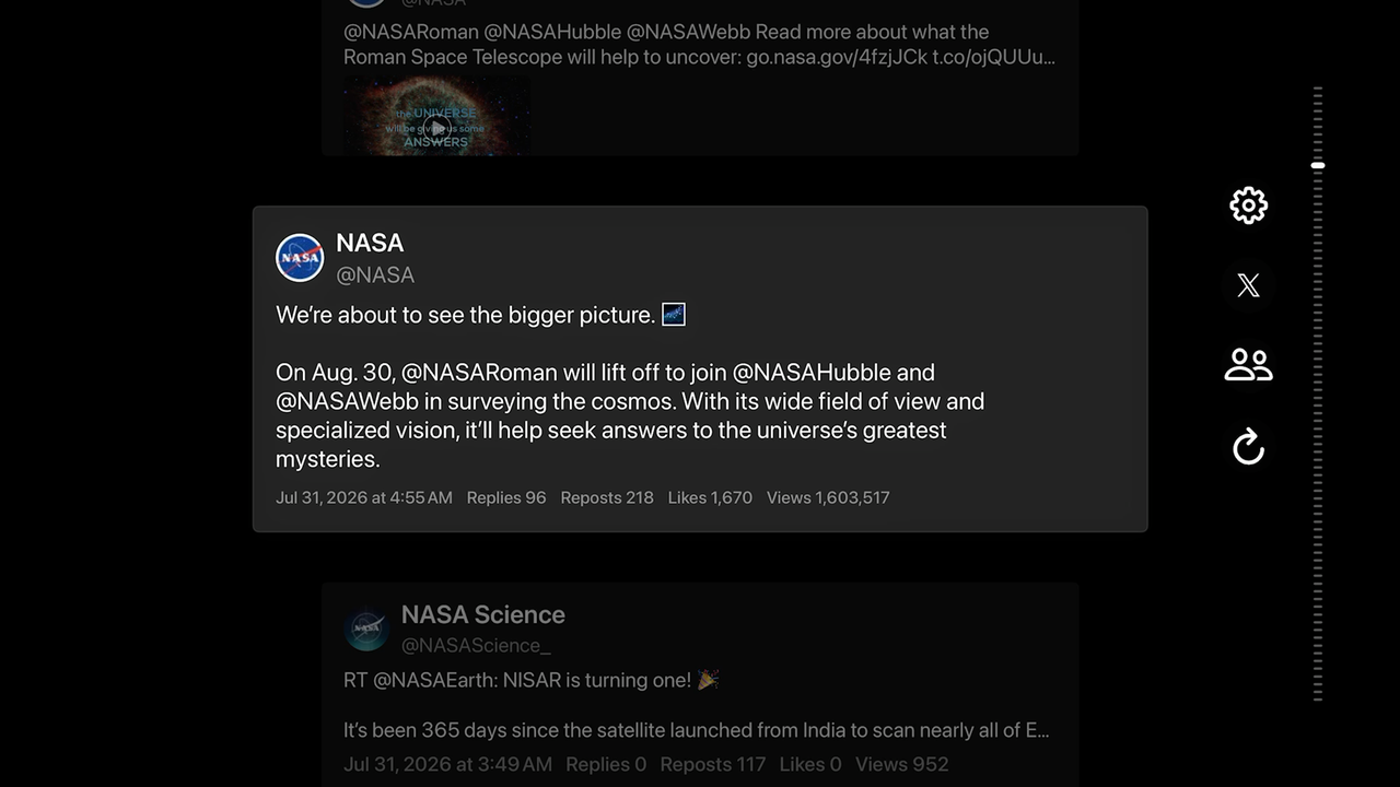 LoungeFeed feed view on Apple TV with a focused post and source controls
